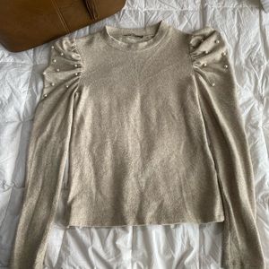 Zara Oatmeal Fall Puff Shoulder w pearl accents